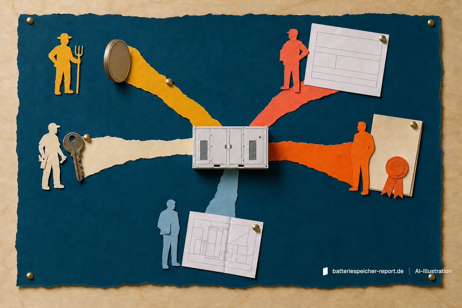 Papiercollage auf Holz, von oben: Fünf Papierbahnen führen zu einem Batteriespeicher in der Mitte. An ihrem Anfang je eine Figur und ein Gegenstand: Münze, Formular, Schlüssel, Urkunde mit Siegel, Bauplan. KI-Illustration.