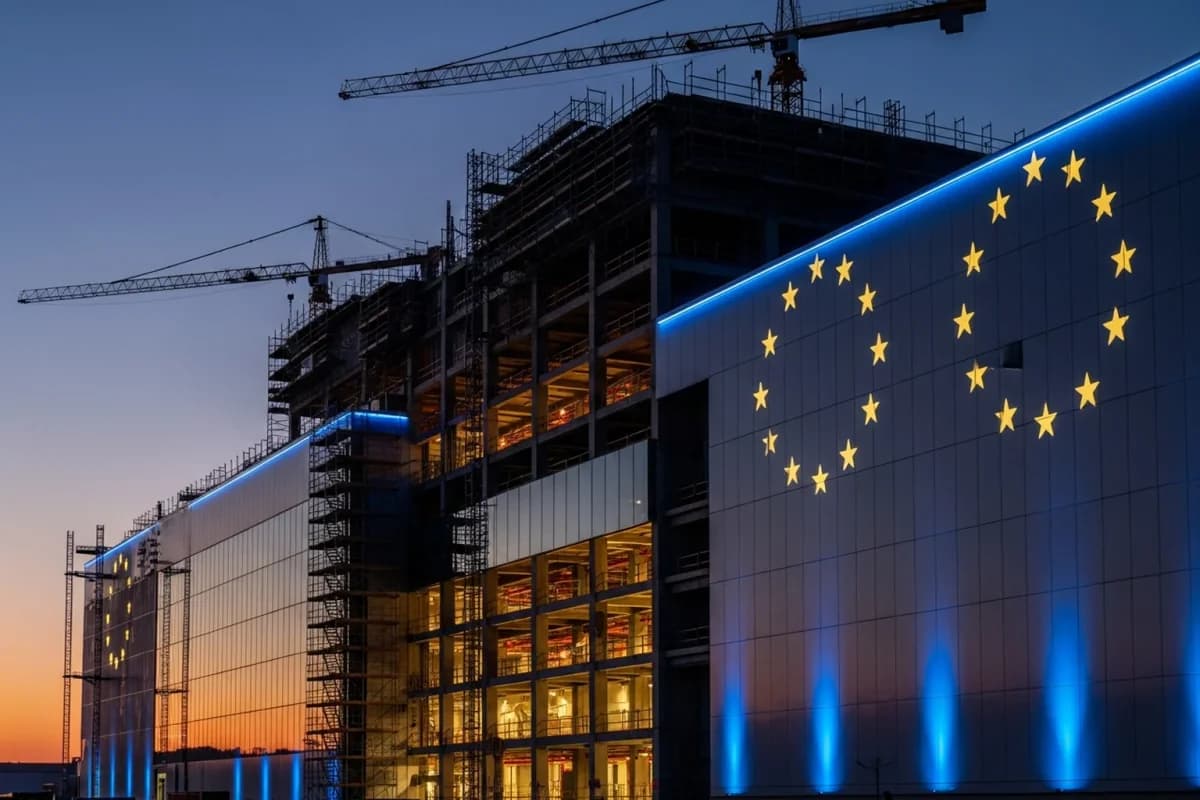 Ein Bürogebäude im Bau in der Dämmerung: Baukräne über dem Rohbau, an der fertigen Fassade leuchtet der blaue EU-Sternenkranz.