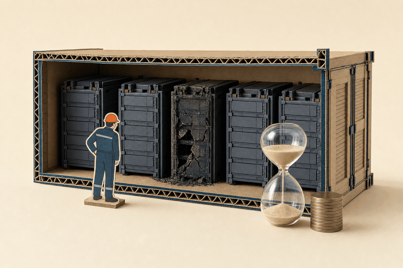 Kartonmodell im Schnitt: In einem aufgeschnittenen Container stehen Batterieschränke, einer in der Mitte ist verkohlt und zerbrochen. Davor eine Sanduhr und ein Münzstapel, links ein Techniker aus Papier mit orangem Helm. KI-Illustration.