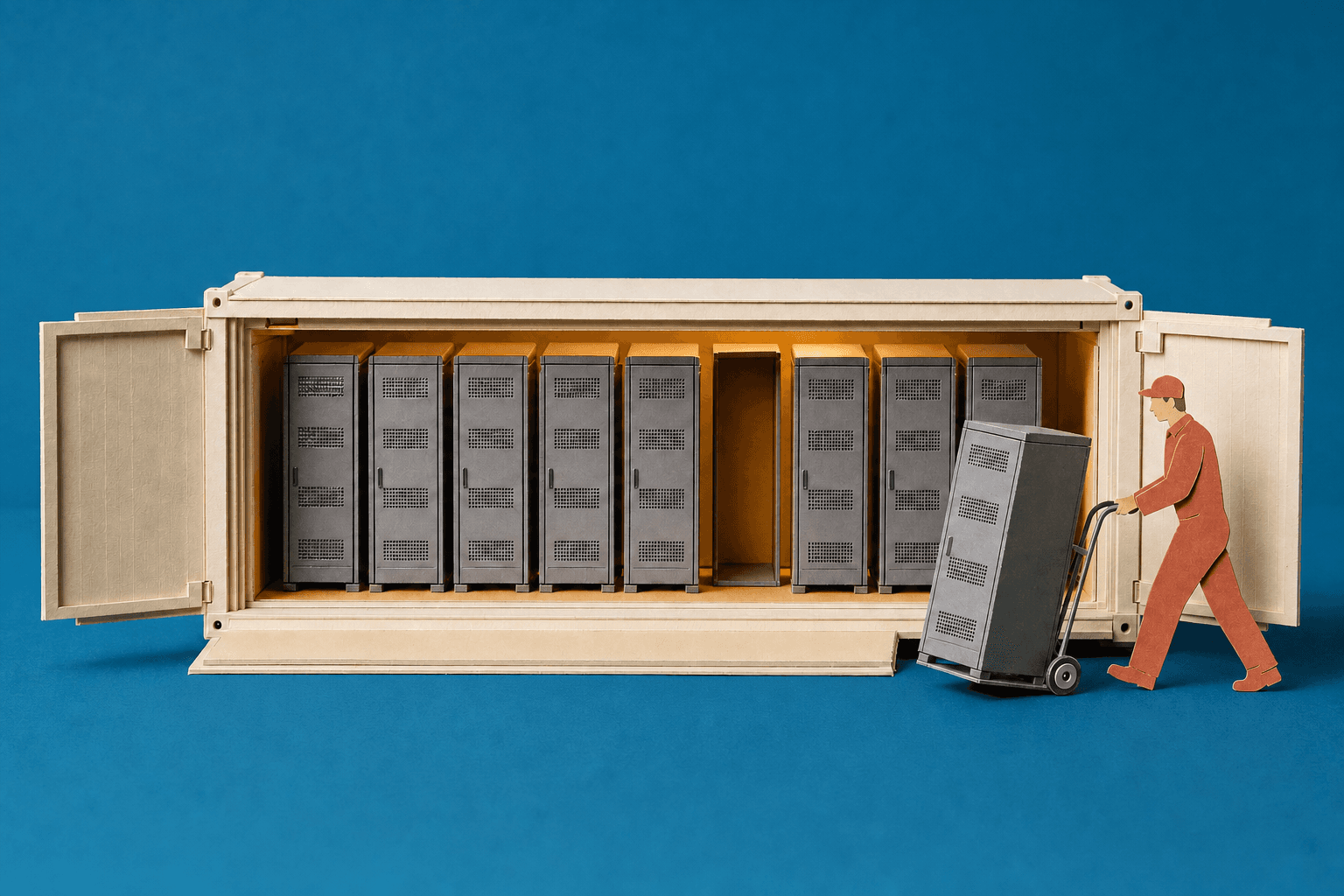 Aufgeklappter Speichercontainer aus Karton mit einer Reihe grauer Batterieschränke; eine Papierfigur in rotbraunem Overall fährt einen einzelnen Schrank auf einer Sackkarre heraus, in der Reihe bleibt eine Lücke. KI-Illustration.
