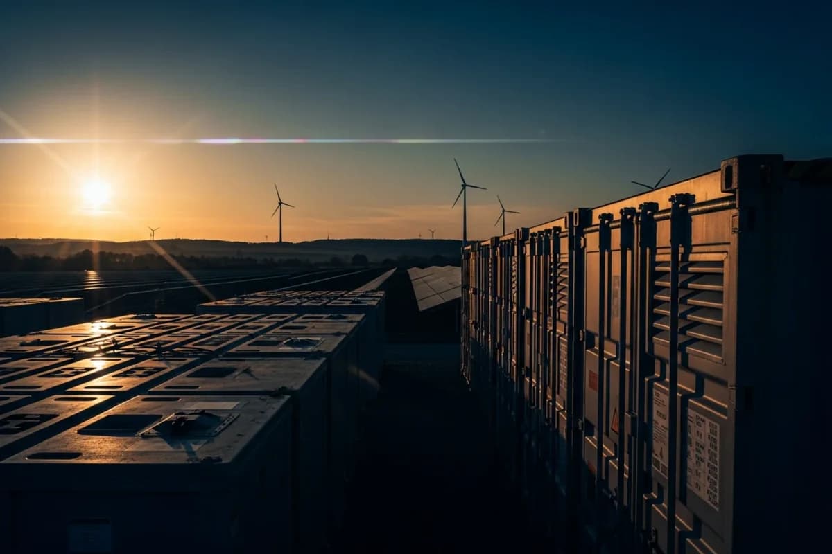 Blick entlang einer Reihe Batteriecontainer in die aufgehende Sonne; über den Containerdächern drehen sich am Horizont drei Windräder.