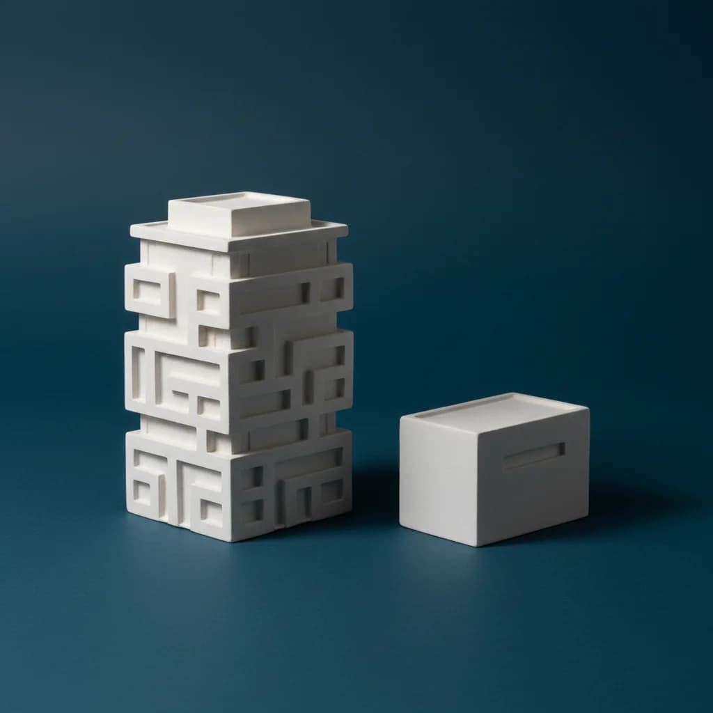 Zwei Modelle nebeneinander: links ein hoher, verschachtelter Bauklotz-Turm, rechts ein flacher, schlichter Quader.