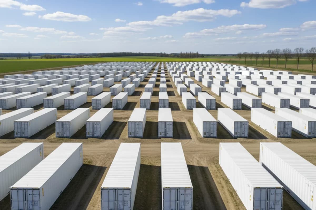 Luftbild einer Freifläche mit rund hundert weißen Containern in gleichmäßigen Reihen, dahinter Felder und Baumreihen unter bewölktem Himmel.