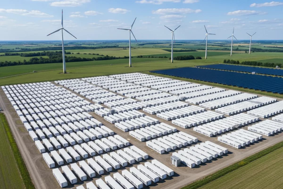 Luftbild einer Freifläche mit hunderten weißen Batteriecontainern in Reihen, daneben eine Photovoltaik-Fläche und im Hintergrund fünf Windräder.