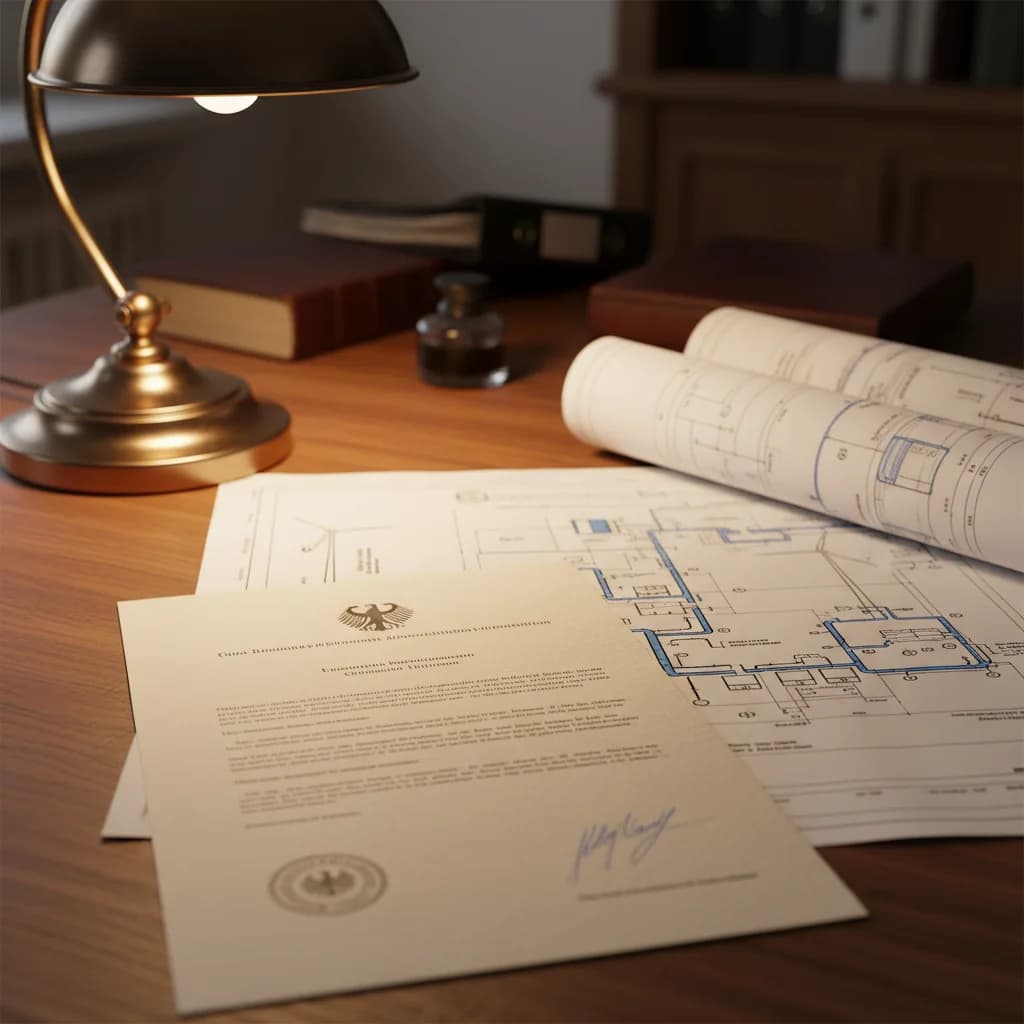 Schreibtisch mit Bankerlampe: ein amtliches Schreiben mit Bundesadler und Unterschrift liegt vor aufgerollten technischen Bauplänen.