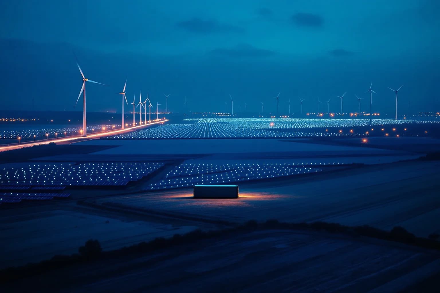Weites Feld in der blauen Stunde, dicht belegt mit schwach leuchtenden Solarmodulreihen; am Horizont eine Kette von Windrädern.