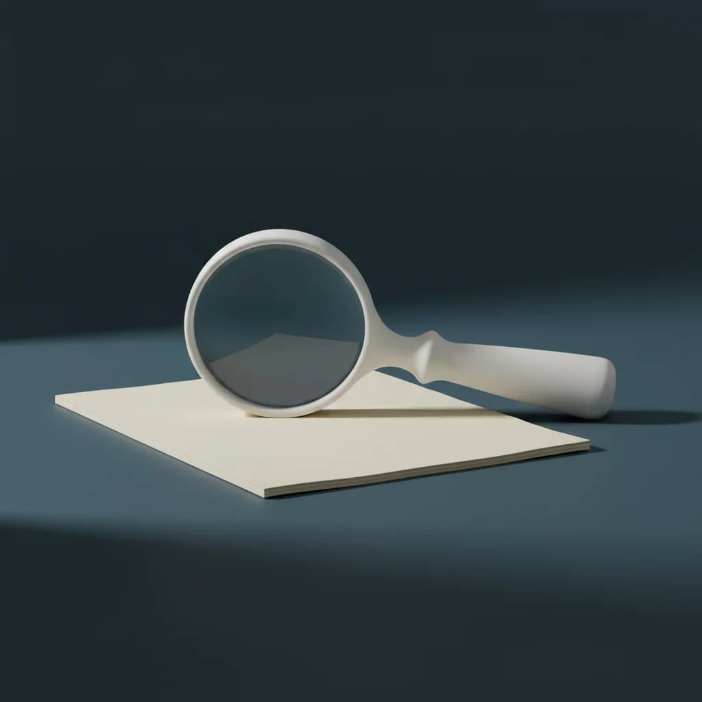 Eine weiße Lupe liegt auf einem leeren Blatt Papier vor dunkelgrauem Hintergrund.