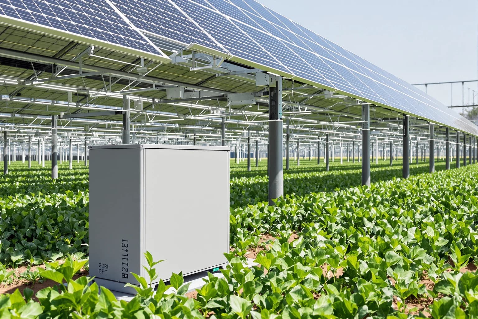 Ein weißer Technikschrank steht zwischen Gemüsereihen unter einer aufgeständerten Solaranlage — Landwirtschaft und Photovoltaik auf derselben Fläche.
