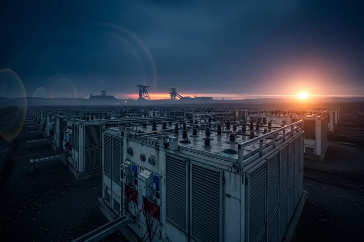 Reihen weißer Batterieschränke mit Anschlussklemmen auf dunklem Grund; am Horizont die Silhouette eines Kraftwerks im Abendlicht.