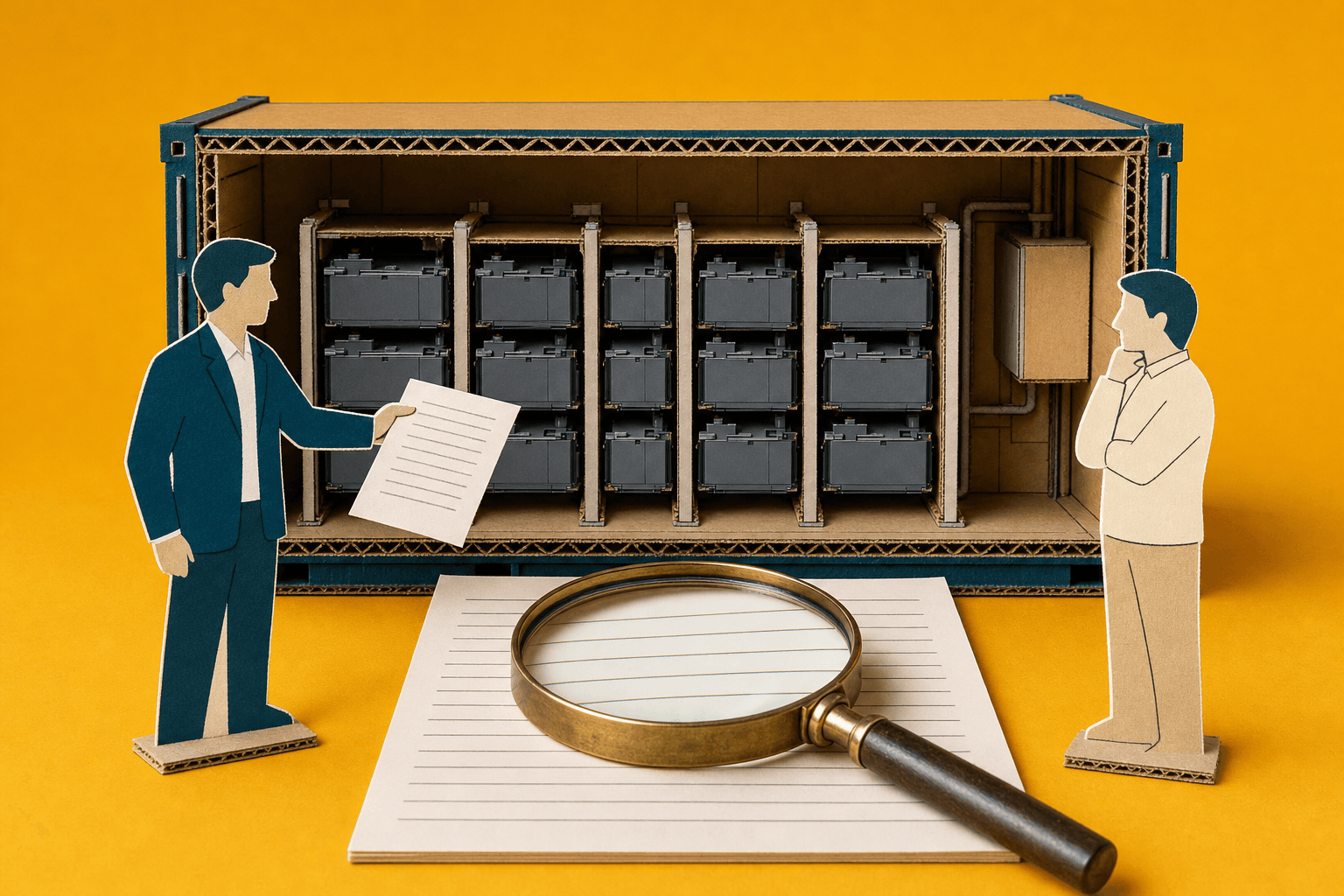 Kartonmodell im Schnitt: Vor einem aufgeschnittenen Batteriecontainer reicht ein Verkäufer aus Papier einem nachdenklichen Anleger ein Blatt. Davor liegt eine Lupe auf einem Vertrag mit leeren Zeilen. KI-Illustration.