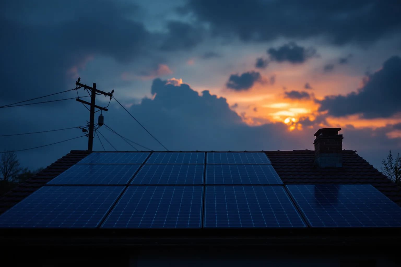 Solarmodule auf einem Hausdach im Gegenlicht der untergehenden Sonne, daneben ein Schornstein und ein hölzerner Strommast mit Freileitung.
