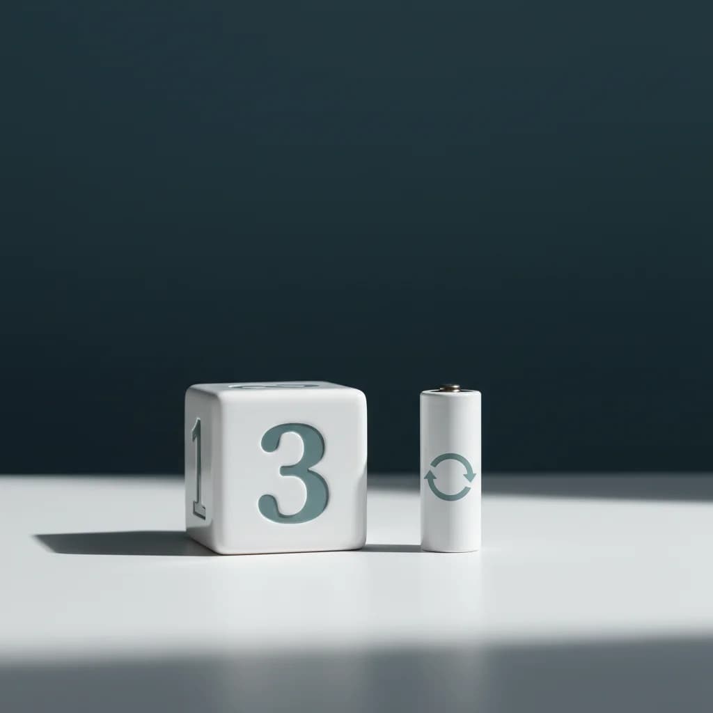 Ein weißer Würfel mit der Ziffer 3 steht neben einer kleinen Batteriezelle mit Kreislaufsymbol.