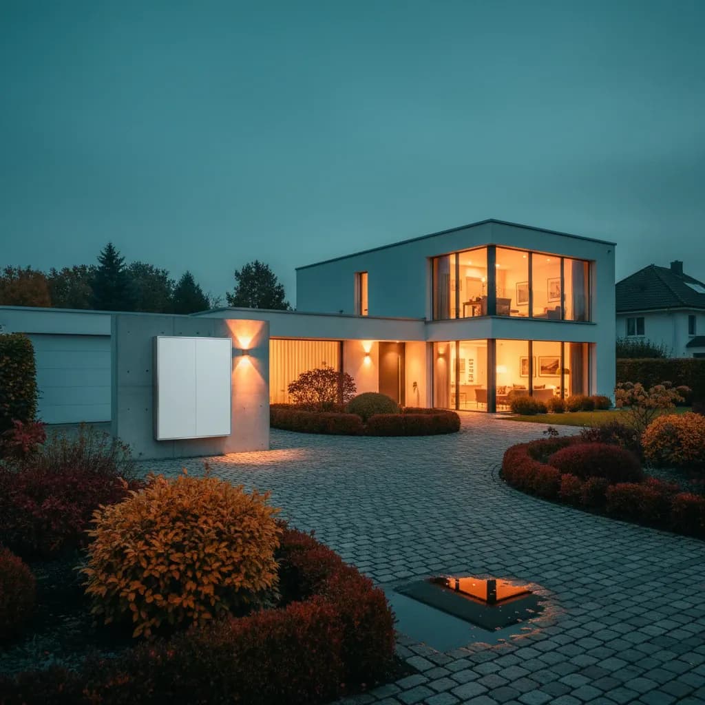 Ein modernes Einfamilienhaus mit warm erleuchteten Fensterfronten in der Dämmerung, davor gepflasterte Auffahrt und herbstliche Sträucher.