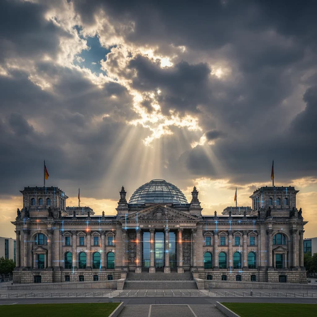 Der Reichstag in Berlin von vorn, über der Glaskuppel brechen Sonnenstrahlen durch eine geschlossene Wolkendecke.