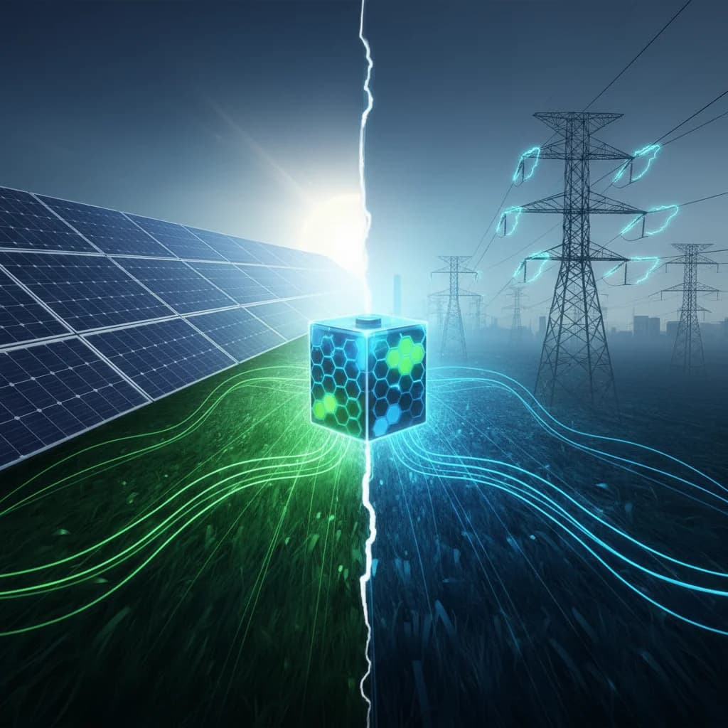 Bildmontage: links Solarmodule auf grüner Fläche, rechts Hochspannungsmasten im Blaudunst; in der Mitte ein Würfel mit Wabenmuster, durch den ein Blitz schlägt.