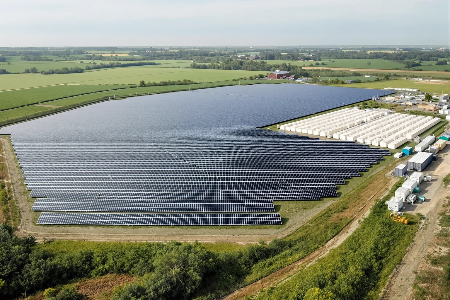 Luftbild: eine große Photovoltaik-Fläche auf einem Feld, direkt daneben Reihen weißer Speichercontainer.