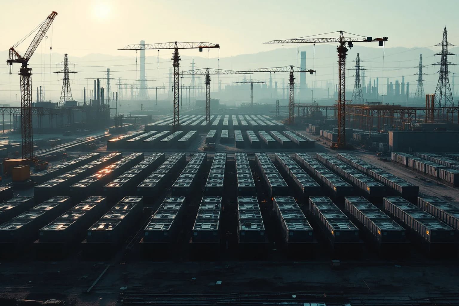 Große Baustelle im Dunst: Reihen dunkler Batterieschränke, darüber ein halbes Dutzend Baukräne und ein Umspannwerk im Hintergrund.