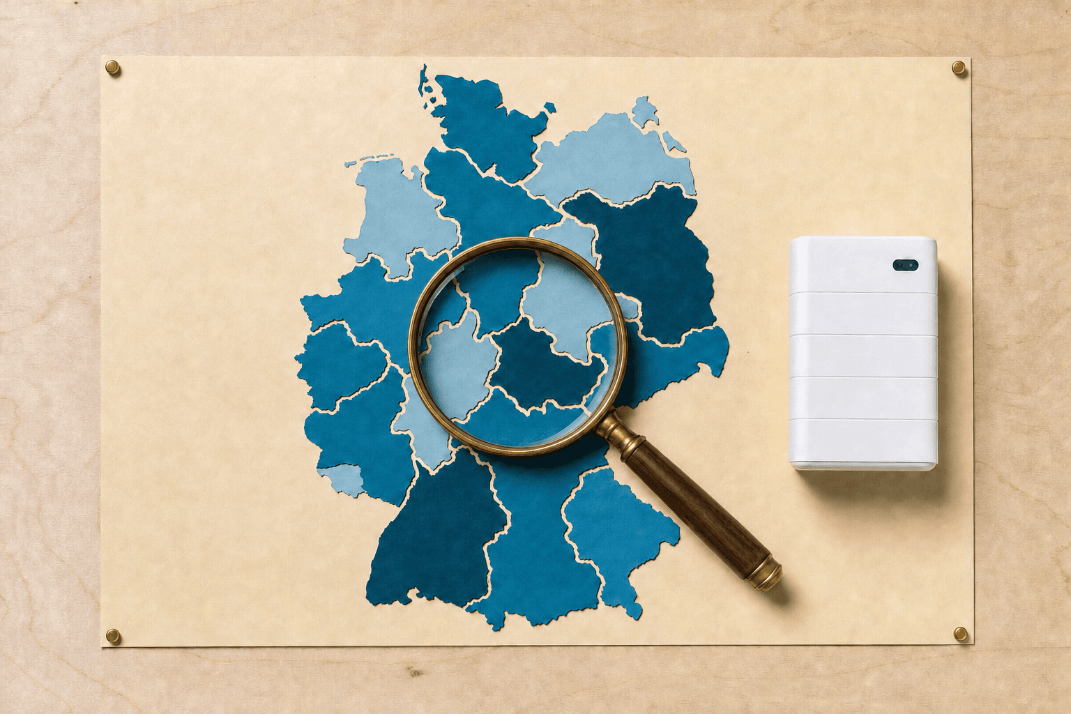 Papiercollage auf Holz, von oben: Eine Deutschlandkarte aus sechzehn blauen Papierstücken, darauf eine Lupe mit Messingrand. Rechts daneben liegt ein weißer Batteriespeicher. KI-Illustration.