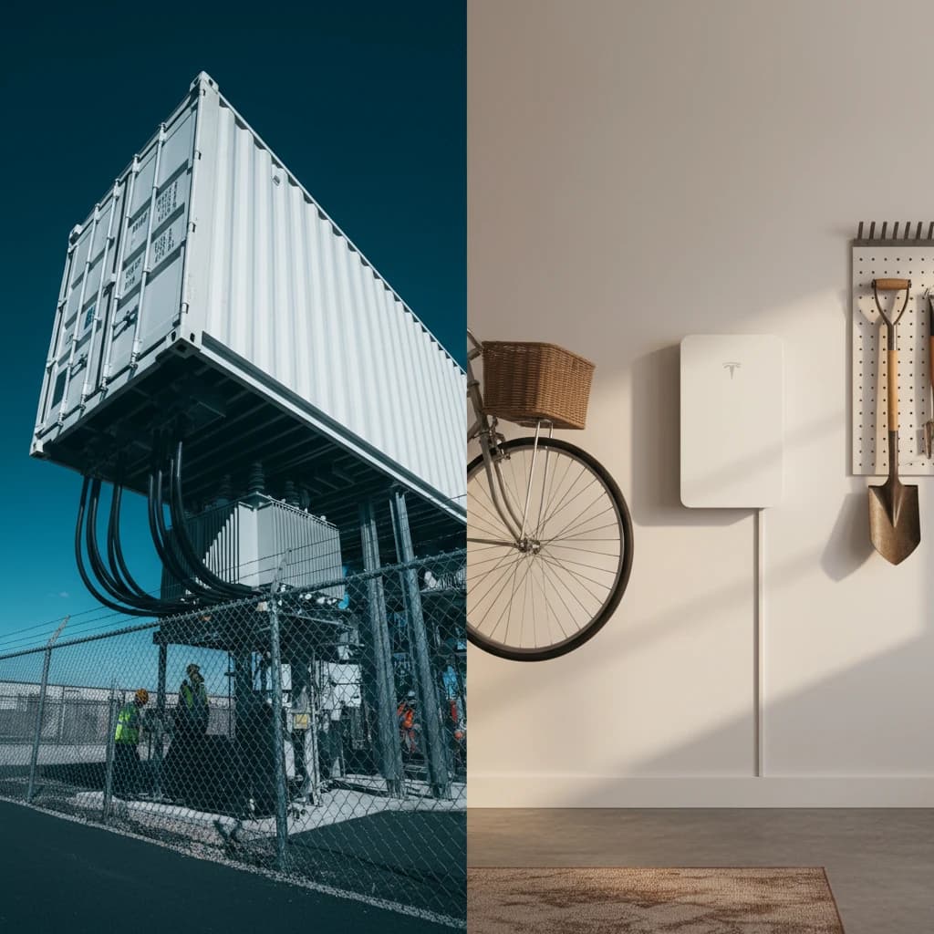 Bildmontage: links ein aufgeständerter Container mit Kabelanschlüssen hinter einem Zaun, rechts ein wandhängender Heimspeicher neben einem Fahrrad im Flur.