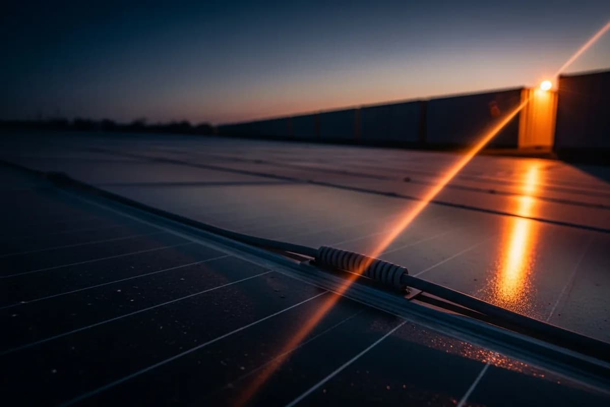 Nahaufnahme einer Solarmodul-Fläche in der Dämmerung; ein Kabel mit Steckverbinder verläuft über die Module, am Horizont eine orange Lichtreflexion.