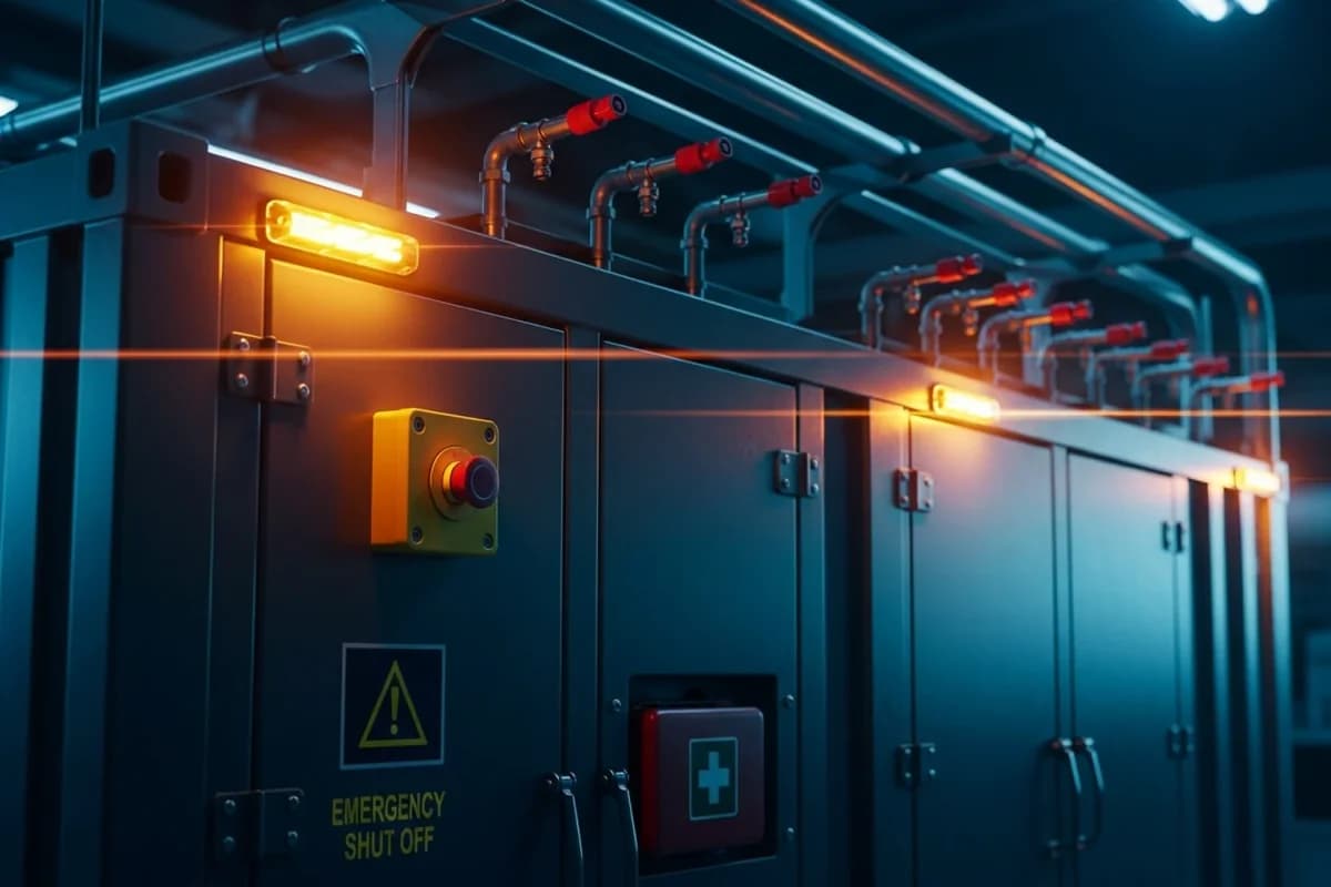 Nahaufnahme eines Batteriecontainers von außen: Warnschild, Not-Aus-Taster und Erste-Hilfe-Kasten neben der Tür, oben verlaufen rote Kabelanschlüsse.
