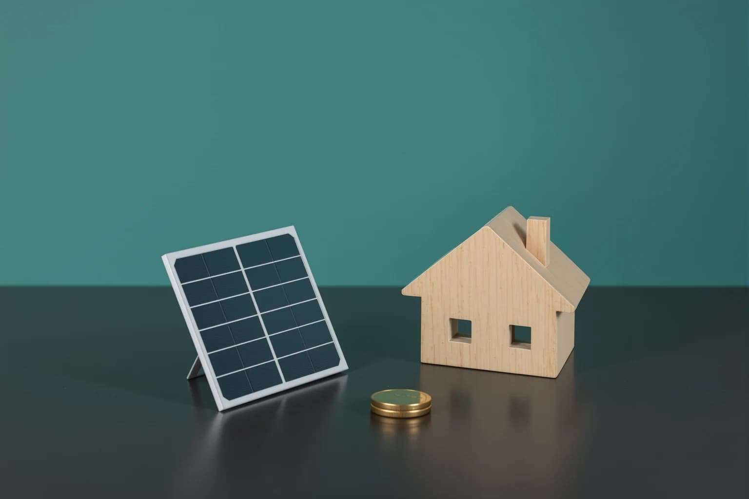 Ein kleines Solarmodul, ein Stapel Münzen und ein Holzhaus-Modell stehen nebeneinander vor grünem Hintergrund.