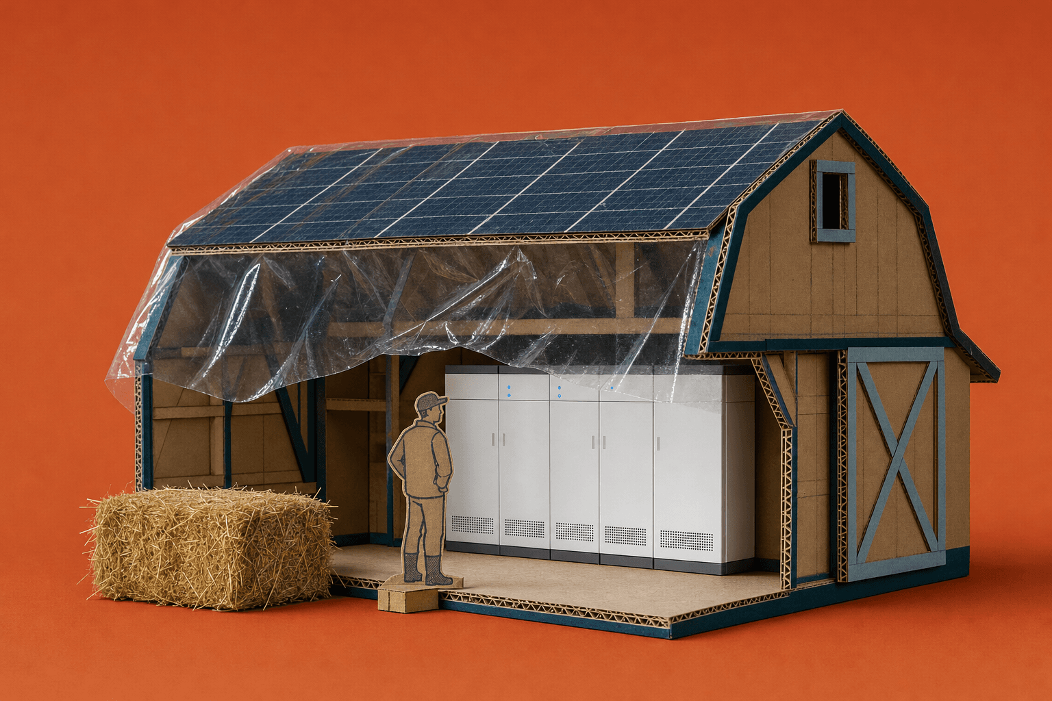 Kartonmodell einer aufgeschnittenen Scheune mit Solarmodulen auf dem Dach. Eine Plastikfolie liegt über Dach und Solarmodulen und endet oberhalb der weißen Batterieschränke darunter. Davor ein Strohballen und ein Landwirt aus Papier. KI-Illustration.