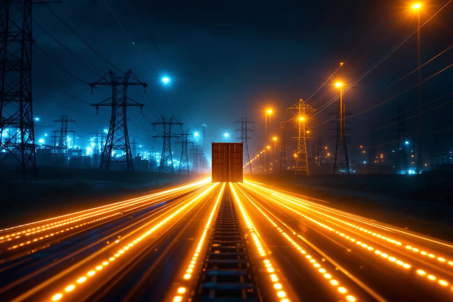 Nächtliche Langzeitaufnahme: orange Lichtspuren laufen wie Schienen auf einen dunklen Containerblock zu, dahinter Strommasten und blau leuchtende Anlagenteile.