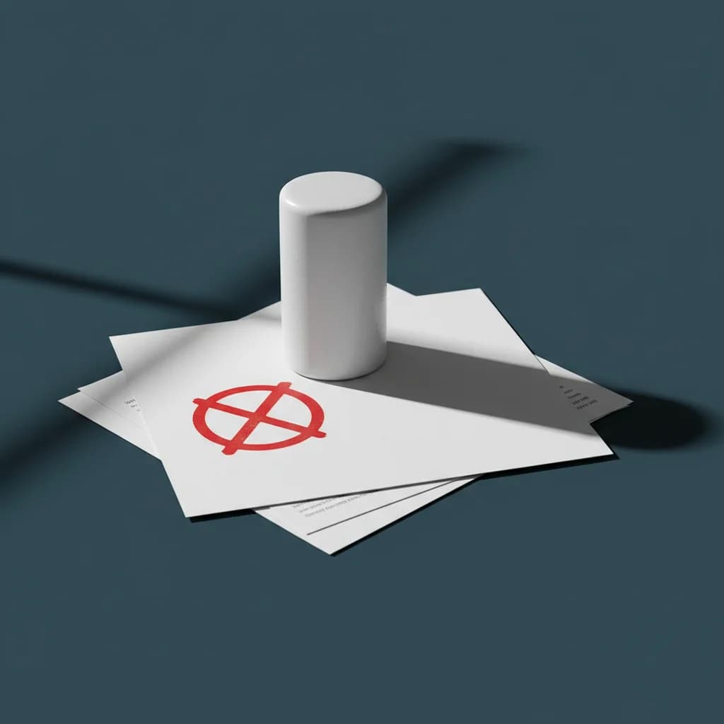 Ein weißer Zylinder steht auf verstreuten Formularen, von denen eines mit einem roten Kreuz in rotem Kreis markiert ist.