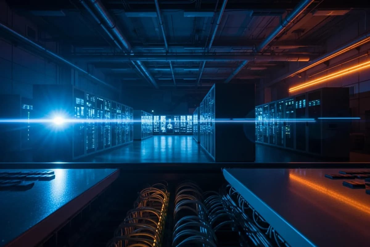 Innenraum einer Halle mit Serverschränken beidseits eines Ganges, blau und orange beleuchtet, im Vordergrund Kabelschleifen.