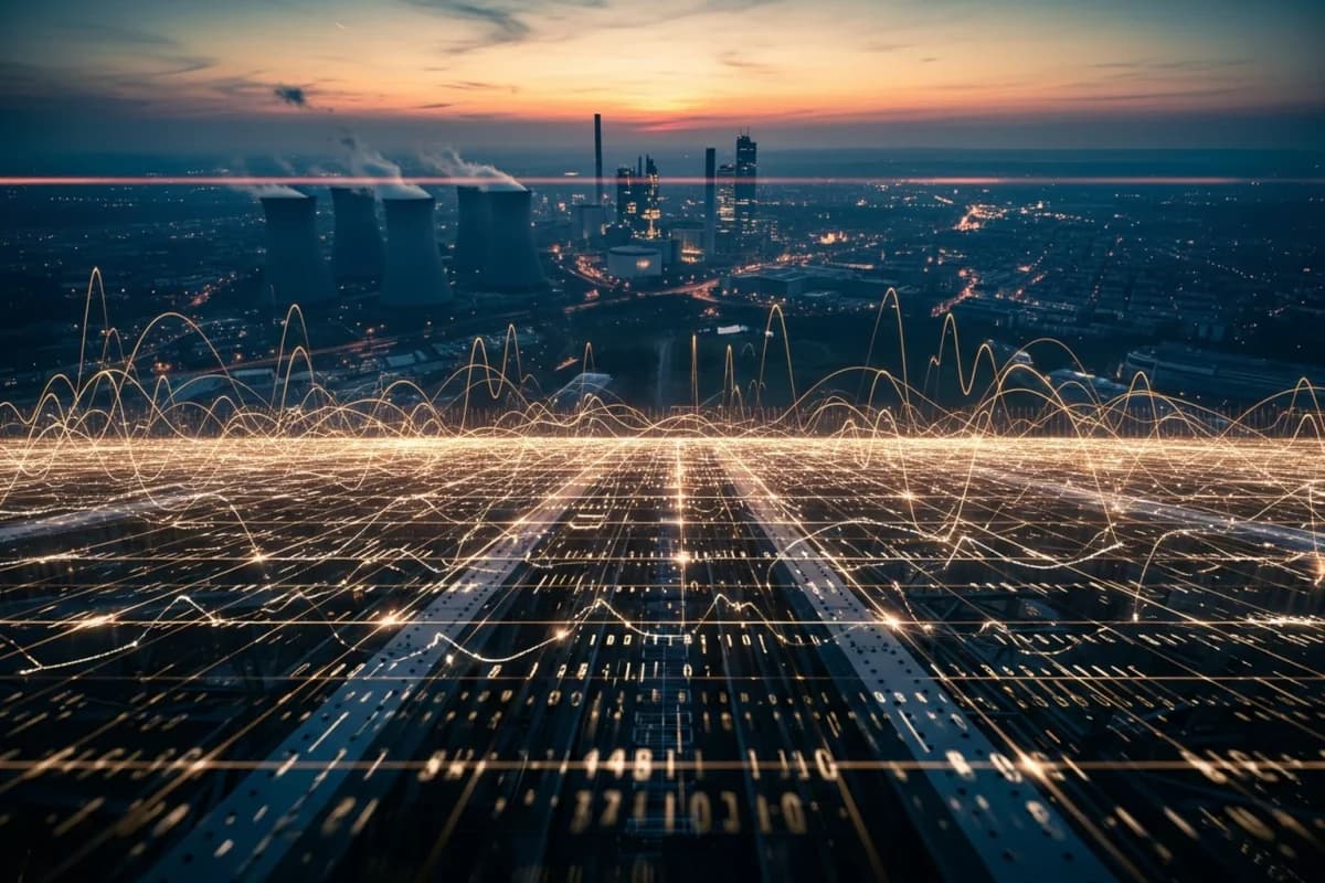Abstrakte Darstellung: goldene Datenlinien und Wellenkurven legen sich als Netz über eine Stadtsilhouette mit Kraftwerkskühltürmen im Abendlicht.