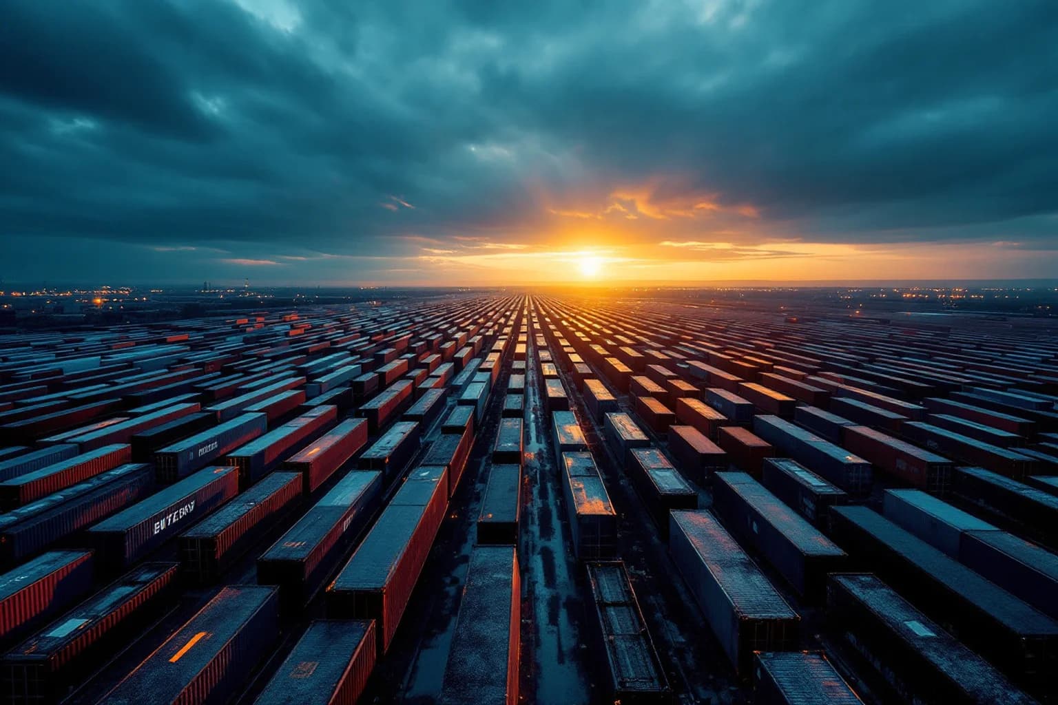 Luftbild eines Containerterminals bis zum Horizont: hunderte bunte Frachtcontainer in Reihen, dahinter geht die Sonne unter.