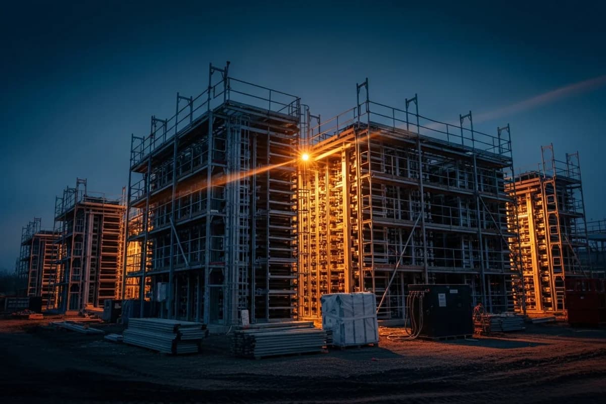 Baustelle bei Nacht: ein mehrstöckiges Stahlgerüst mit Schalungselementen wird von warmem Baustrahlerlicht angeleuchtet, davor gestapeltes Material.