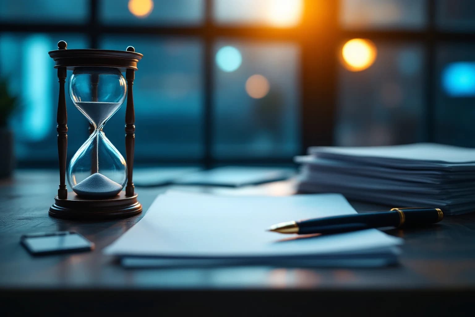 Eine Sanduhr steht auf einem Schreibtisch neben einem Papierstapel und einem Füllfederhalter, dahinter unscharf ein Bürofenster.