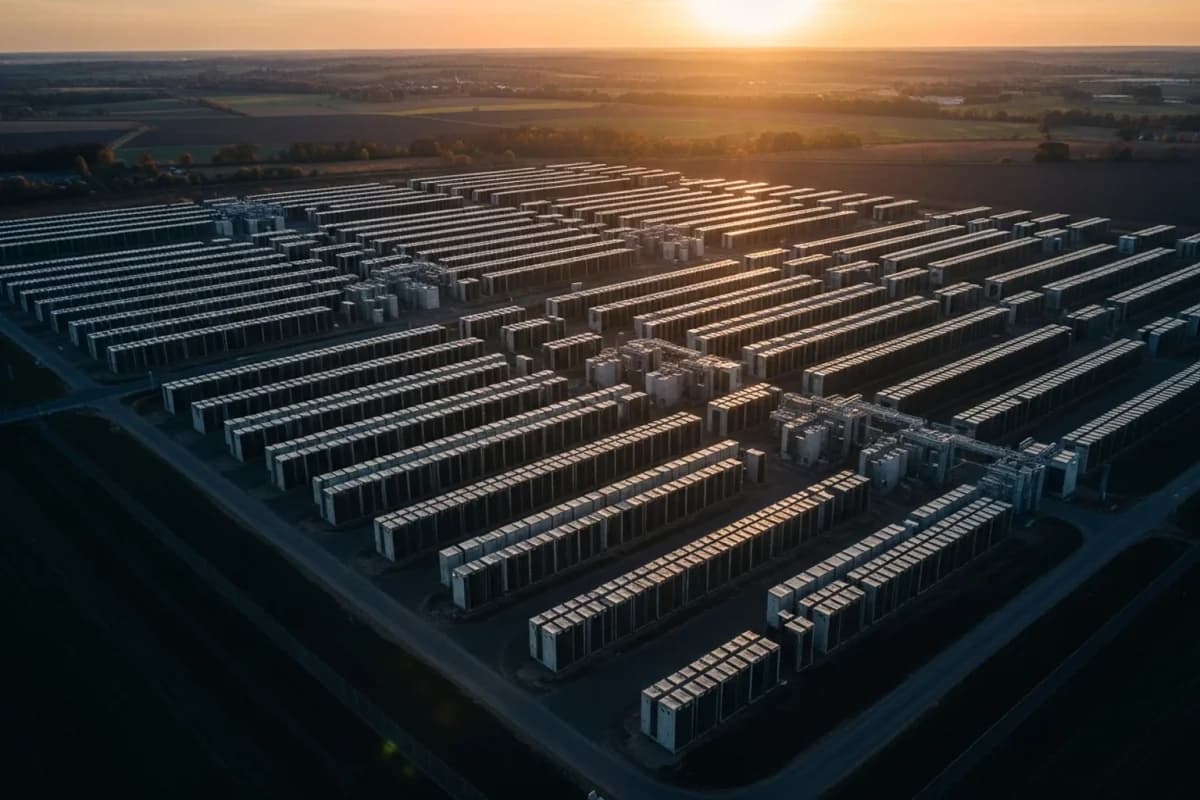 Luftbild eines großen Batteriespeicher-Parks bei Sonnenaufgang: Dutzende parallele Reihen dunkler Schränke auf einer Freifläche zwischen Feldern.