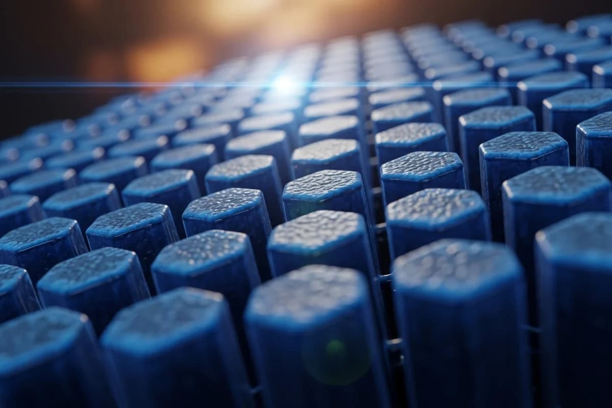 Makroaufnahme dicht gepackter zylindrischer Batteriezellen von oben, bläulich beleuchtet.