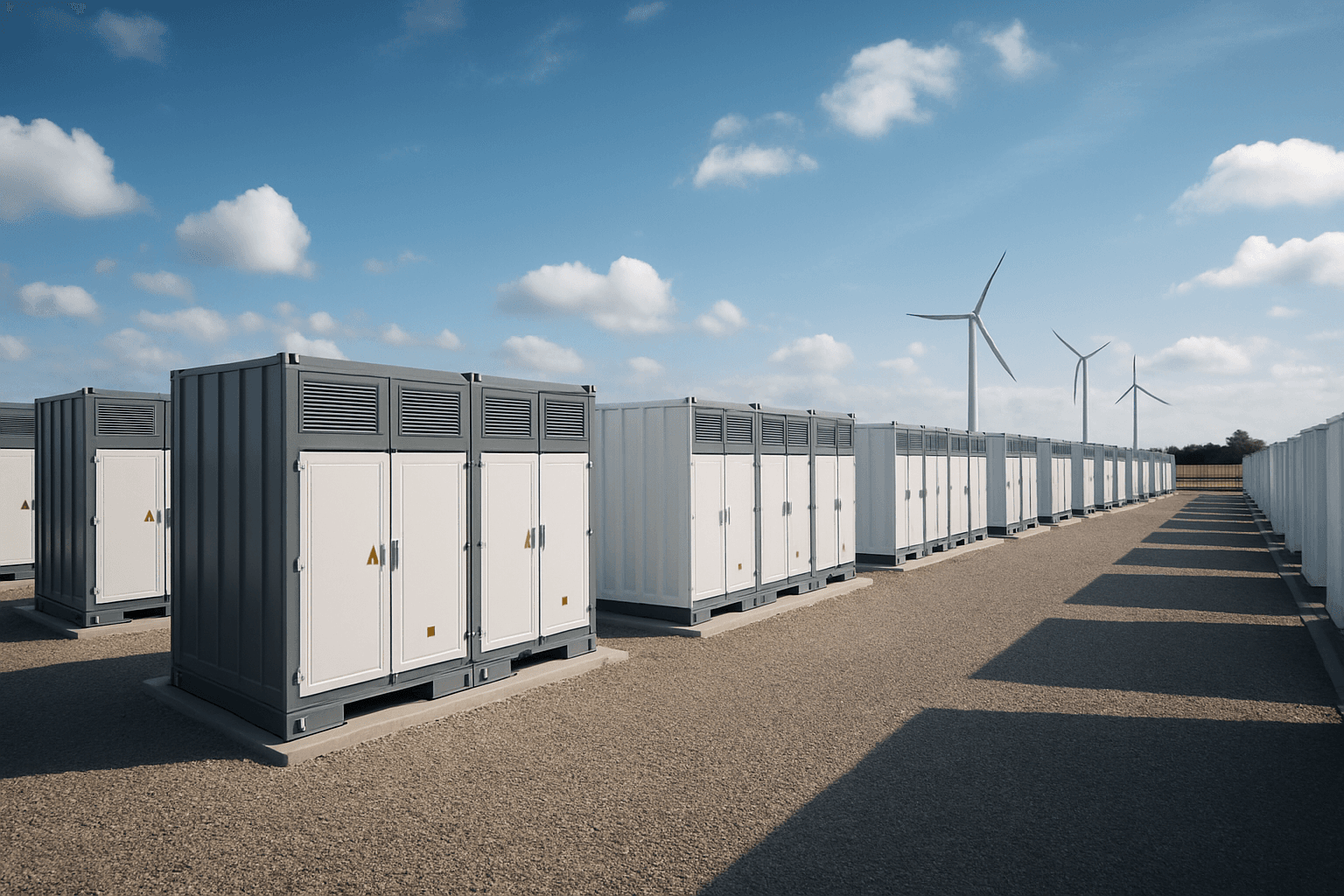 Zwei Reihen weiß-grauer Batteriespeicher-Container auf einer Schotterfläche, im Hintergrund drei Windräder unter blauem Himmel.