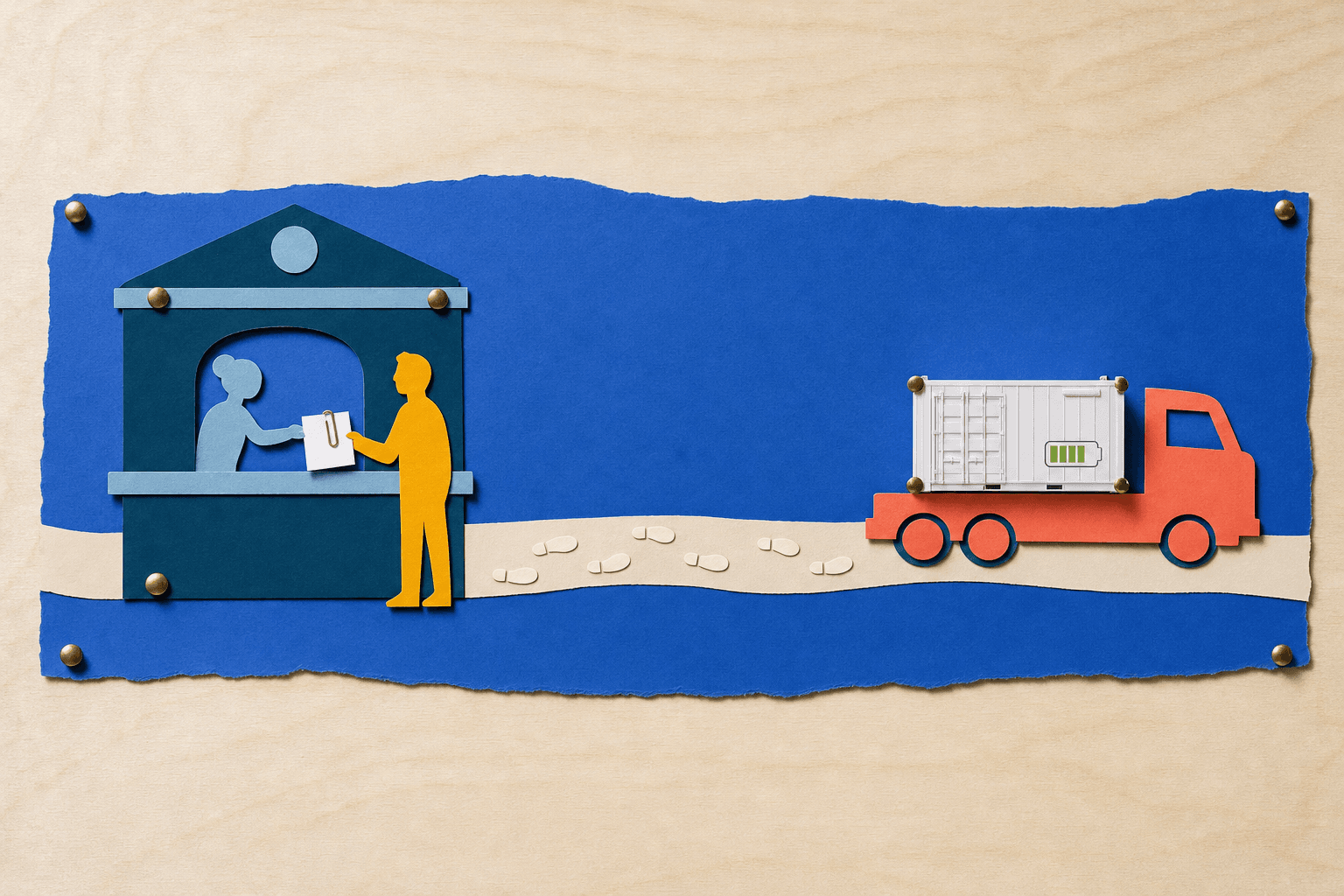 Papiercollage auf Holz, von oben: Am Schalter einer Bank reicht ein Mann ein Formular mit Büroklammer hinein. Fußspuren führen von dort zu einem Lastwagen, der einen Batteriespeicher-Container geladen hat. KI-Illustration.