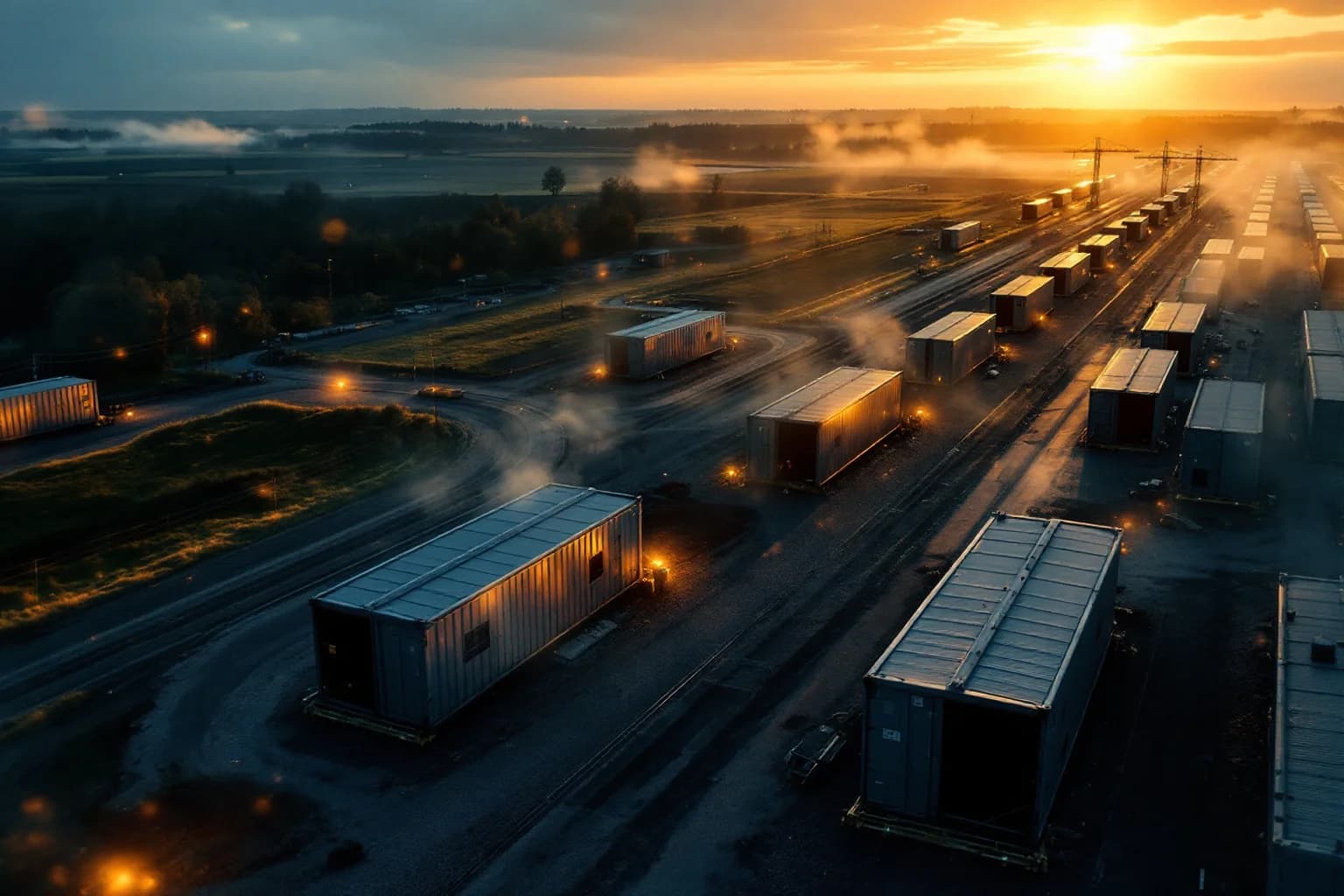 Luftbild eines Rangier- und Abstellgeländes im Morgennebel: einzelne Container stehen verstreut neben langen Reihen weiterer Container, dahinter geht die Sonne auf.