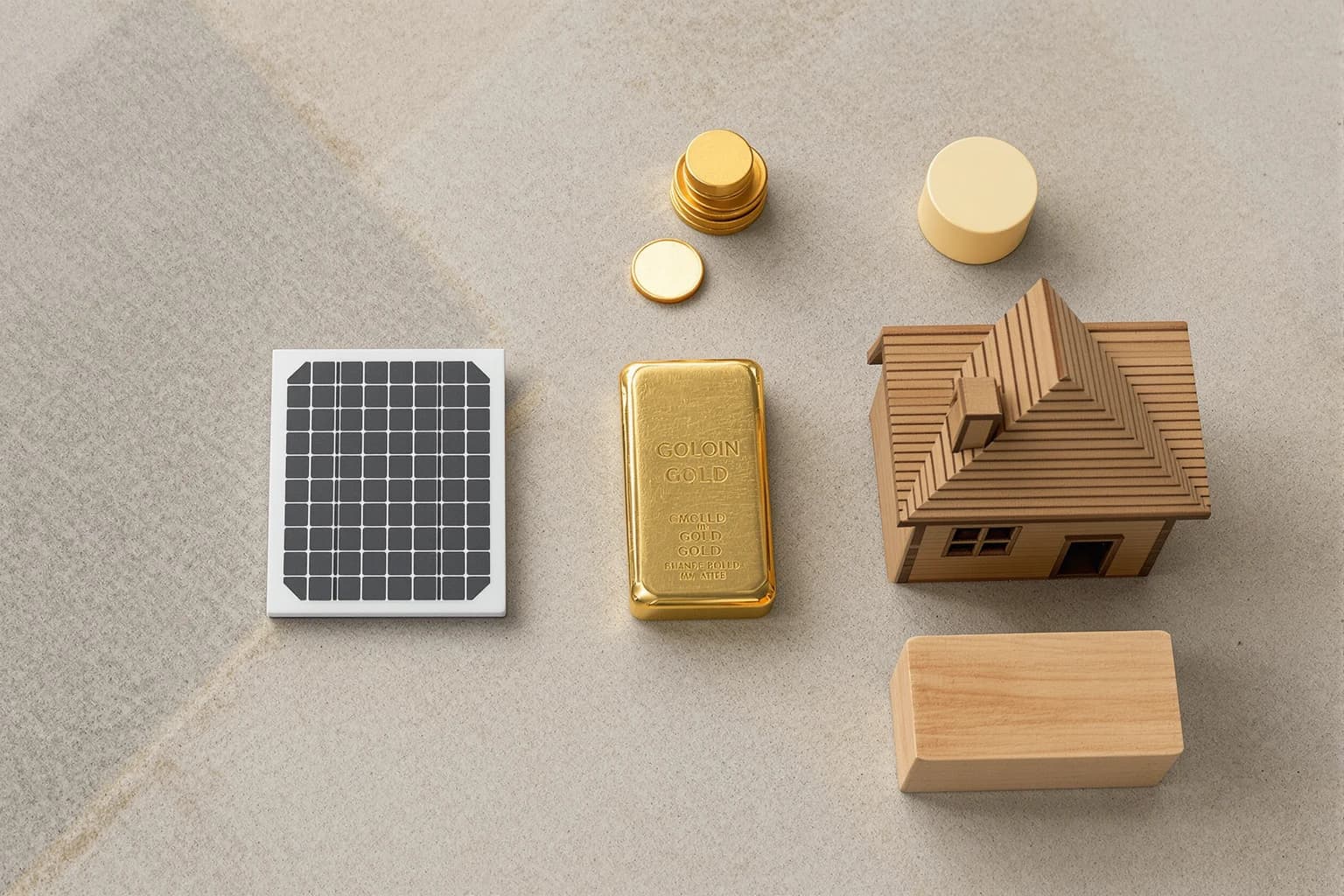 Vier Anlageformen nebeneinander von oben fotografiert: ein Solarmodul, ein Goldbarren, ein Holzhaus-Modell und Münzstapel.