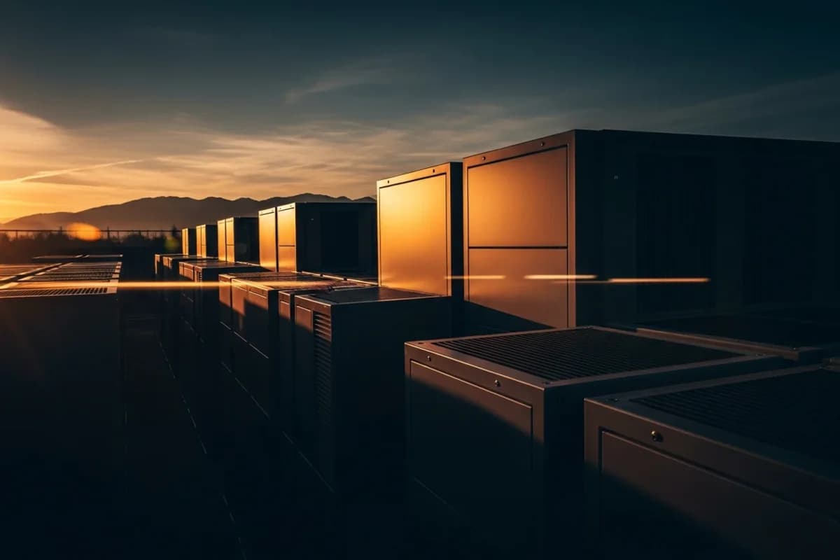Reihe dunkler Technikschränke auf einer Dachfläche im Abendlicht, dahinter Hügel und ein orange leuchtender Horizont.