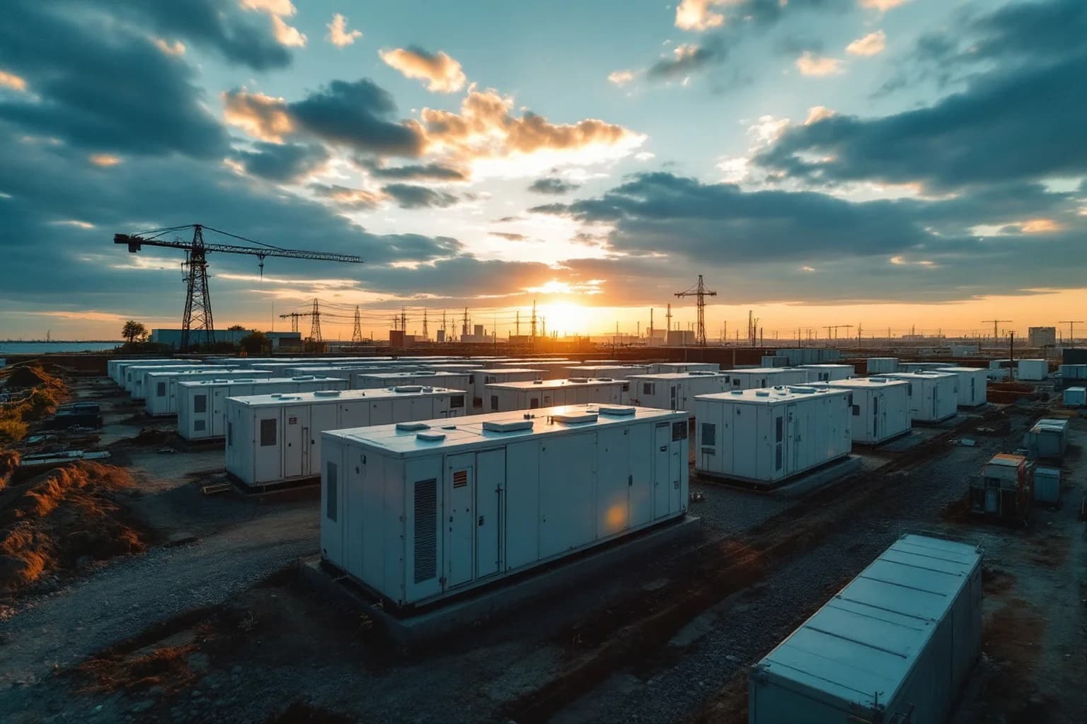 Reihen weißer Batteriecontainer auf einer Schotterfläche im Abendlicht, im Vordergrund Betonfundamente, links ein Turmdrehkran, dahinter Gittermasten und eine Industriesilhouette.