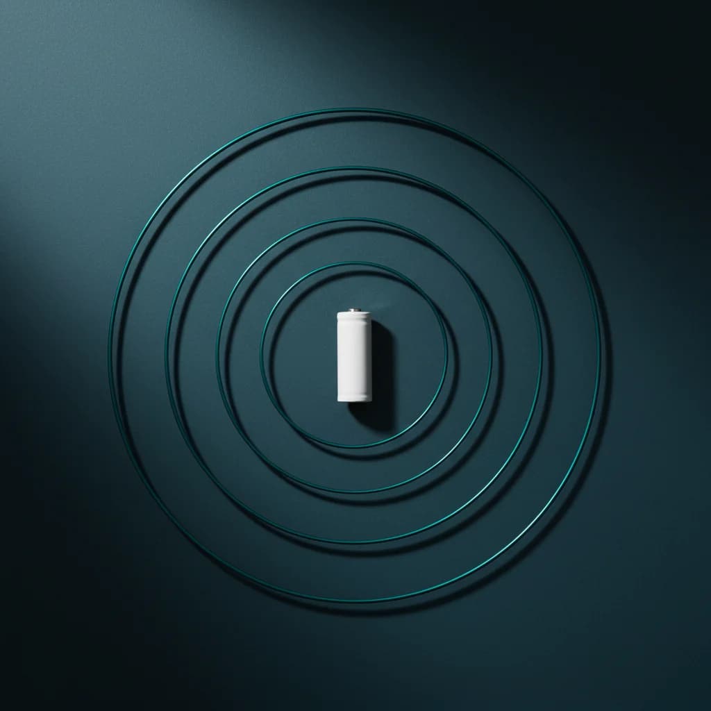 Eine einzelne Batteriezelle steht im Mittelpunkt konzentrischer Ringe auf dunkelgrünem Grund, wie in einem Zielkreis.