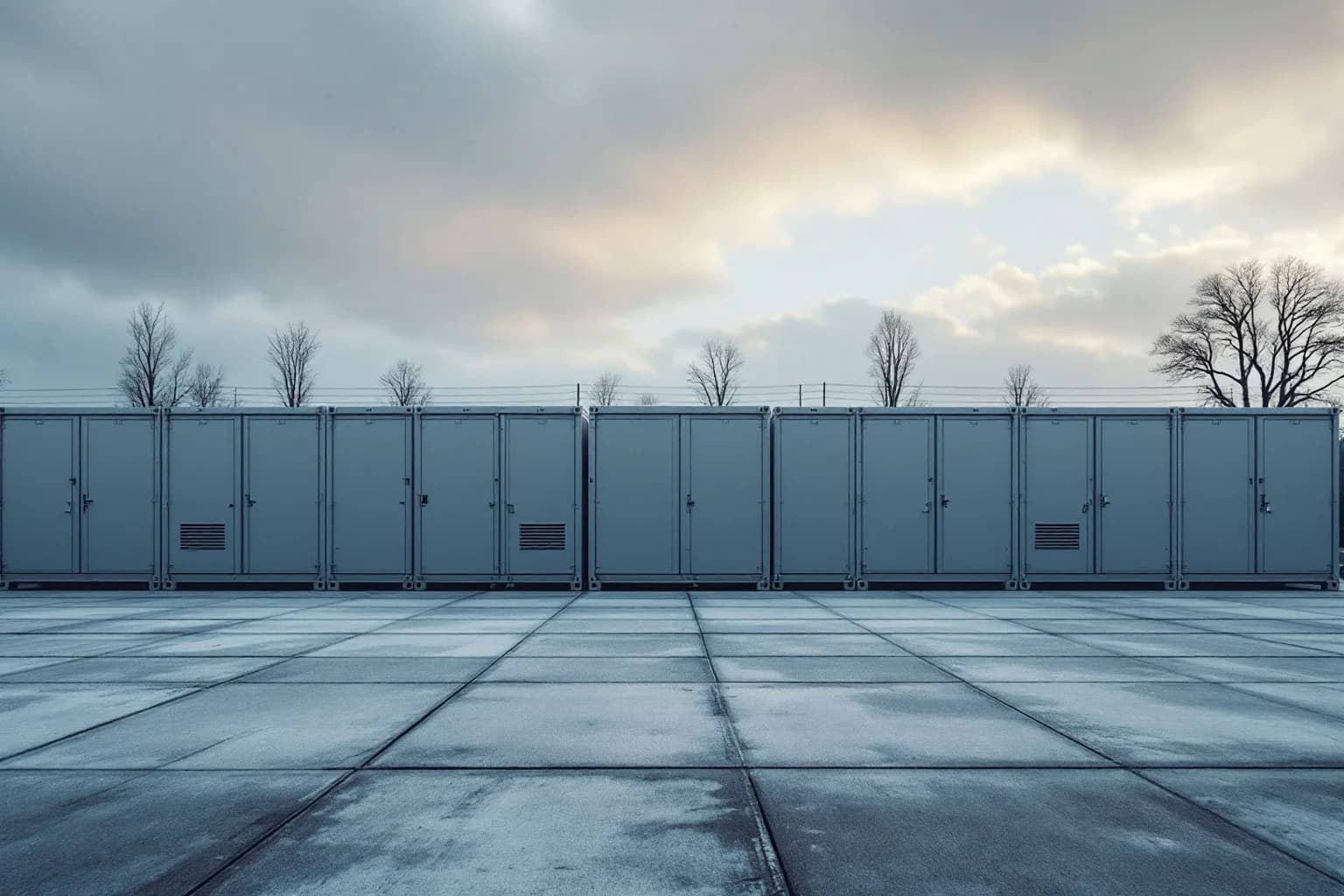 Eine lange Reihe geschlossener grauer Speichercontainer auf einer Betonfläche unter bedecktem Himmel, dahinter kahle Bäume.