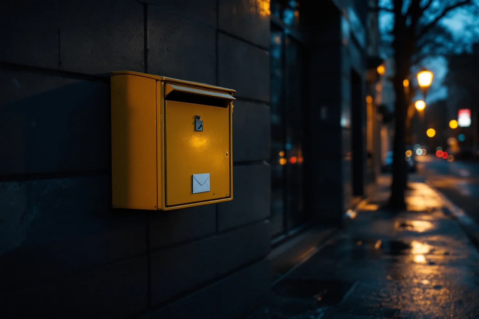 Ein gelber Briefkasten mit Briefsymbol an einer dunklen Steinwand zur blauen Stunde; rechts eine menschenleere Straße mit nassem Asphalt und gespiegelten Laternen.