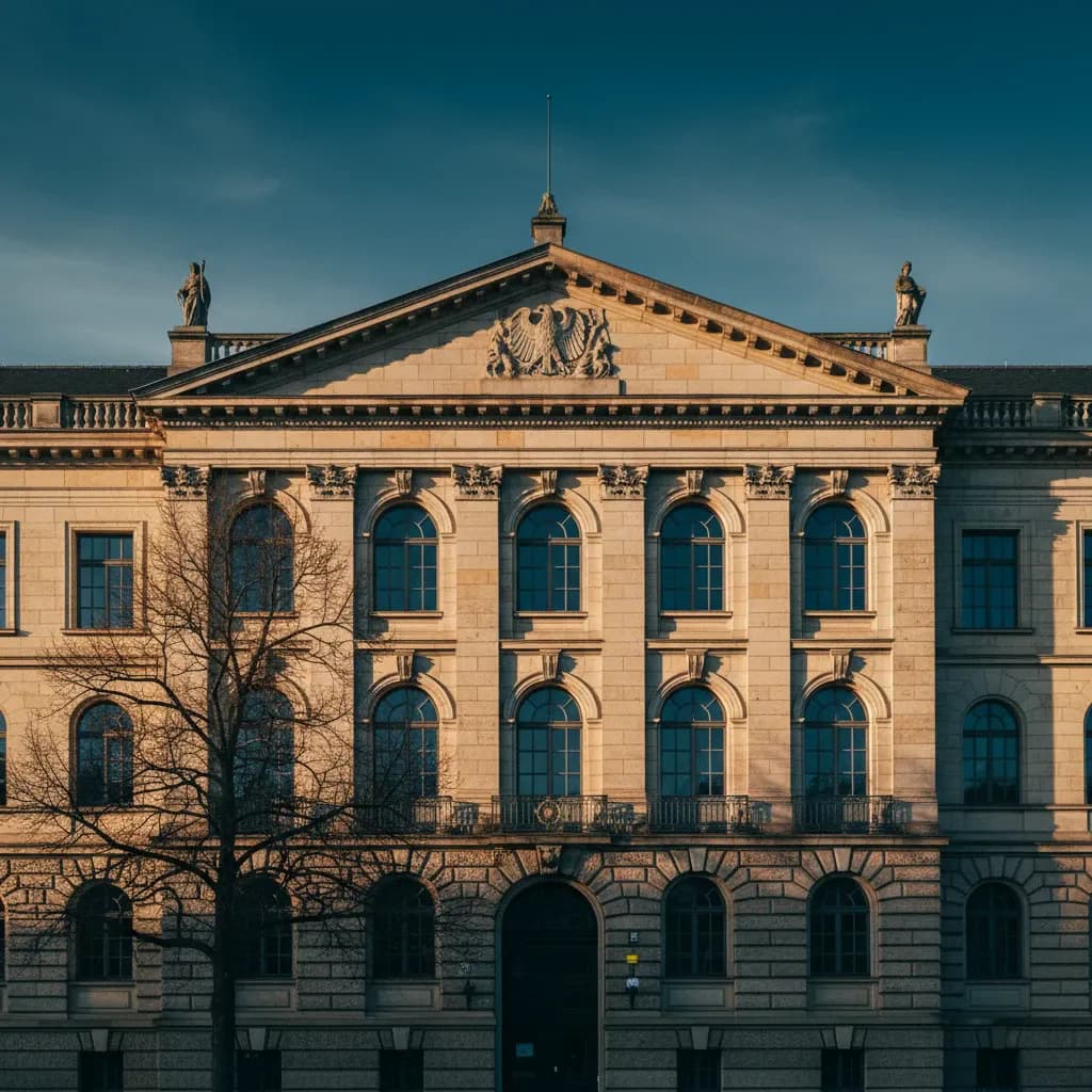 Klassizistische Fassade eines Amtsgebäudes mit Säulenportikus und Wappenrelief im Abendlicht.