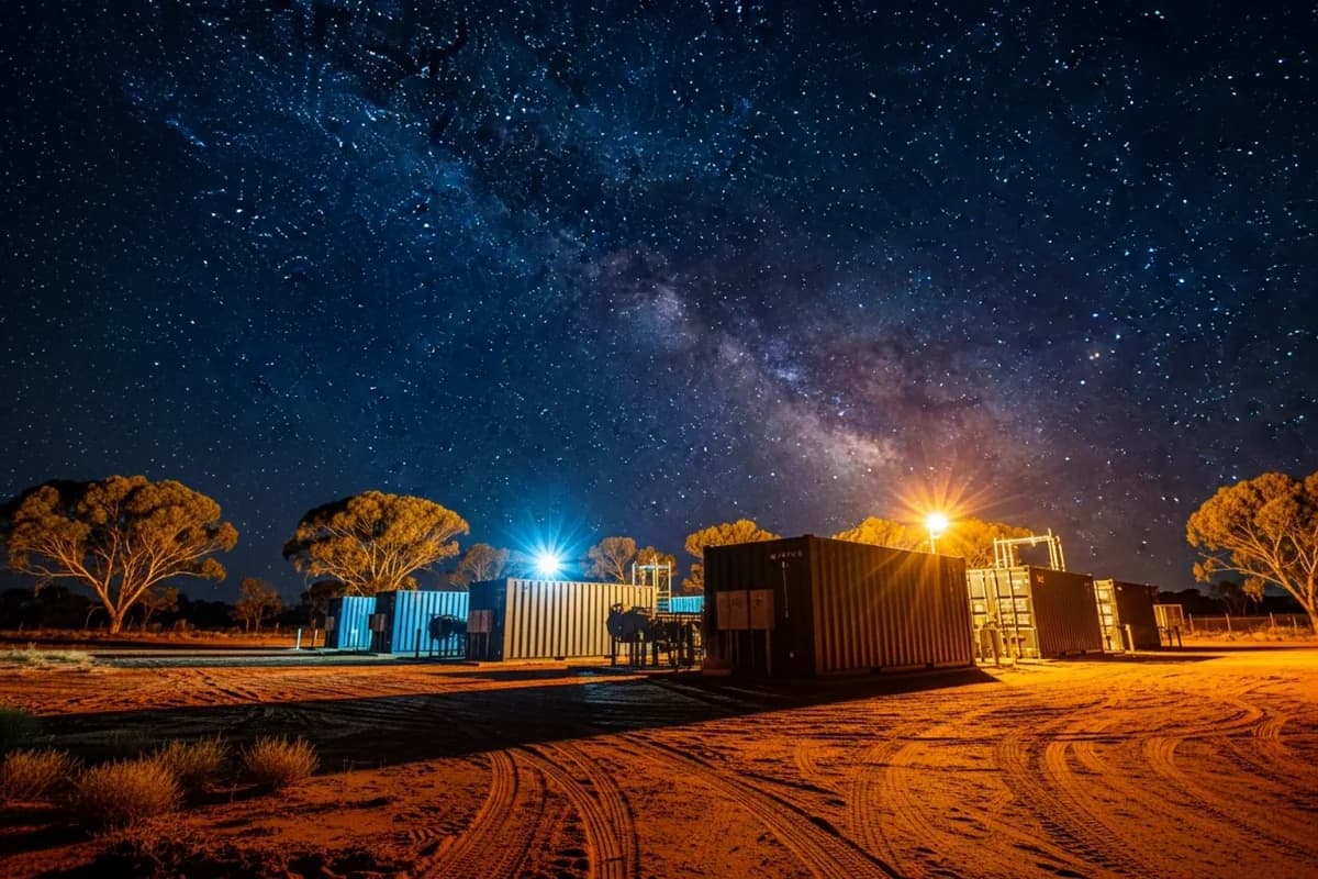 Container und Technikmodule auf rotem Sandboden unter einem Sternenhimmel, umgeben von Eukalyptusbäumen; eine Lampe wirft warmes Licht auf die Anlage.