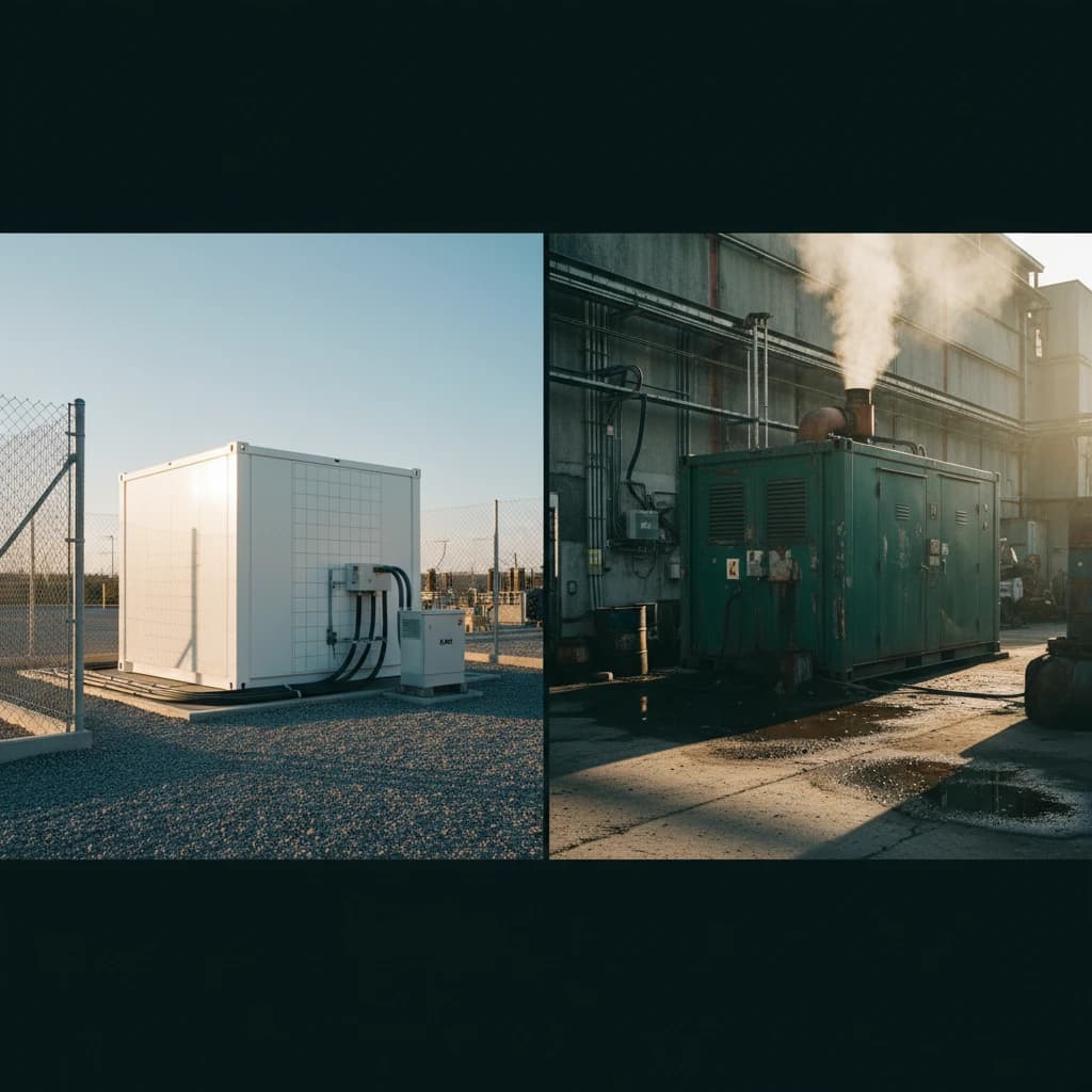 Bildmontage: links ein neuer weißer Container hinter einem Zaun, rechts ein älteres grünes Blockheizkraftwerk mit dampfendem Abgasrohr.
