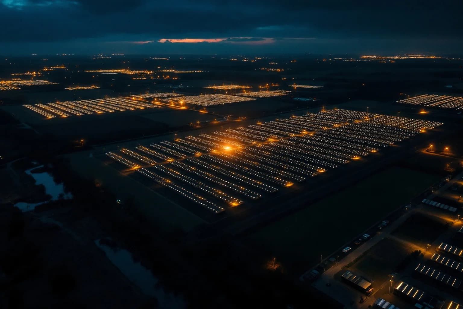 Nächtliches Luftbild: mehrere große Speicherblöcke mit orange leuchtenden Gassen liegen in flacher Landschaft, am Horizont Lichter von Ortschaften.