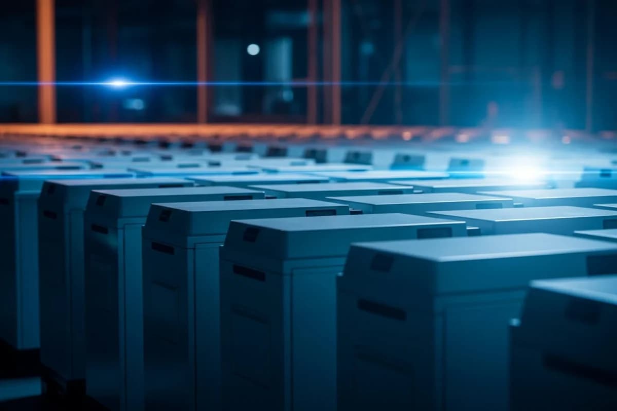 Lange Reihe hellgrauer Batterieschränke in einer Halle, perspektivisch fluchtend, mit blauen und orangen Lichtreflexen.
